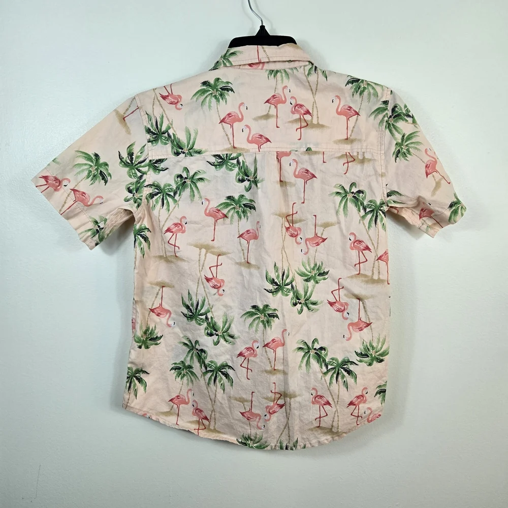 Old Navy Boys Pink Flamingo Palm Tree Short Sleeve Poplin Button Shirt‎ Large